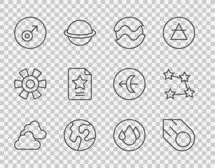 Set line Cloudy weather, Comet, Planet, Earth globe, Mars symbol, Star constellation zodiac, Water drop and icon. Vector