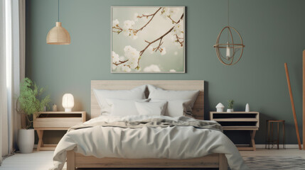cozy bedroom with bed lamp and blue wall
