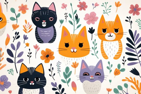 Illustration of colourful group of painted cats on a white background, created with Generative AI technology