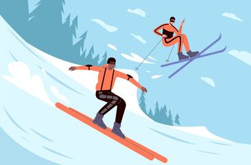 Happy people go skiing. Cartoon skiers in snow. Mountain slope. Athletes in winter forest. Extreme sport. High speed downhill. Active leisure. Sportsman jumping with ski. Vector concept