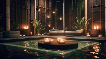 luxurious spa with jacuzzi  sauna and brown wall
 - obrazy, fototapety, plakaty