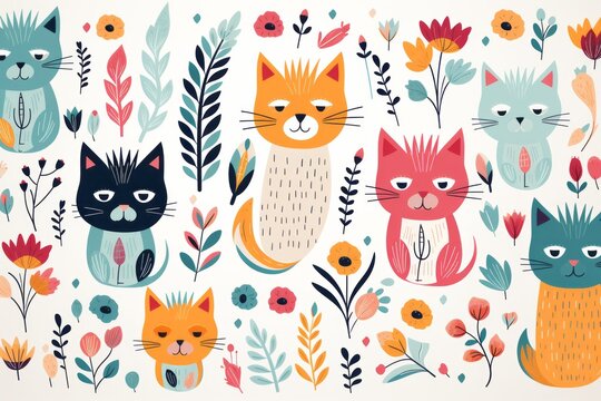 Illustration of adorable cats in a garden full of colorful flowers and plants created with Generative AI technology