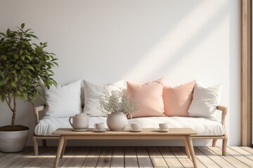 Fototapeta na wymiar Minimalist living room interior with sofa on a wooden floor, decor on a large wall, white landscape in window. Generative AI