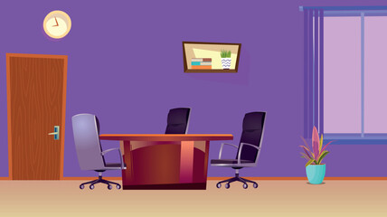 Cabinet room interior with window at home vector background. Modern empty office with workplace cartoon illustration. Chair, table, computer monitor and shelf for corporate workspace environment
