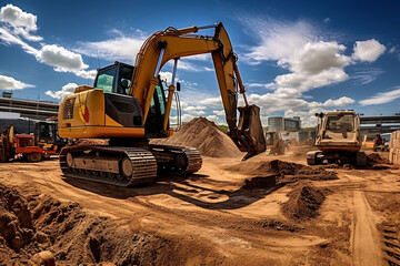 Excavator working on a construction site. Heavy duty construction equipment at work. Generative AI technology