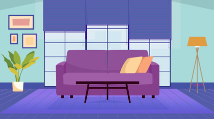 Living room with furniture. Cozy interior with sofa in living room. Flat style vector illustration.
