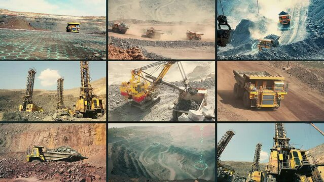 Iron quarry collage. Full cycle creation of metal multiscreen video. Iron ore mining multiscreen video. Heavy equipment in an iron ore mine