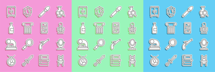 Set line Chair, Round makeup mirror, Microphone, Silver spoon, Ancient column, Bottle of wine, Wardrobe and Portable video game console icon. Vector