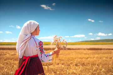 harvest time of golden wheat field and girl in traditional ethnic folklore costume with Bulgarian embroidery working on a meadow - obrazy, fototapety, plakaty