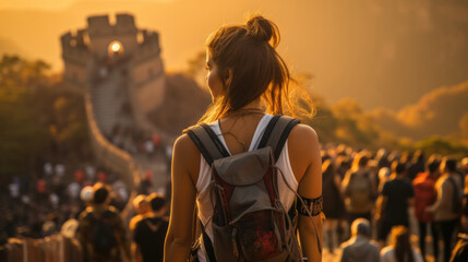 Obraz premium Back view of a young woman with backpack standing at the top of the Great Wall of China. Generative AI.