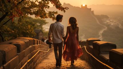 Couple walking on the Great Wall of China at sunset. Travel and leisure concept. Generative AI. - obrazy, fototapety, plakaty
