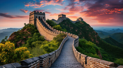 Big Great Wall of China at sunset,panoramic view. Generative AI. - obrazy, fototapety, plakaty