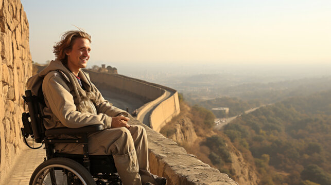 Disabled man in wheelchair on top of the Great Wall of China. Generative AI.