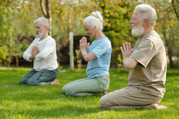 Fototapeta premium Focus on bearded senior man keeping hands put together by chest while practicing yoga exercise with other patients of retirement home