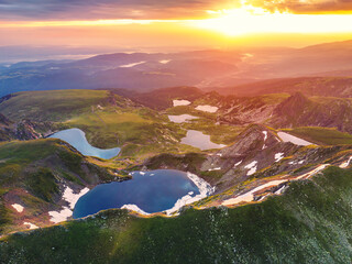 Aerial panoramic view of Seven Rila lakes and waterfalls in nature of mountain range, hiking, trekking and tourism in Bulgaria