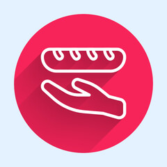 White line Donation food icon isolated with long shadow. Red circle button. Vector