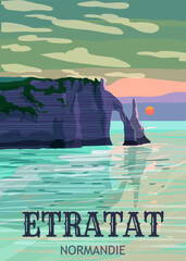 Vintage Travel poster Etretat France, sunset seascape rock cliff