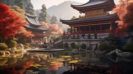 A traditional Japanese temple photo realistic illustration - Generative AI.