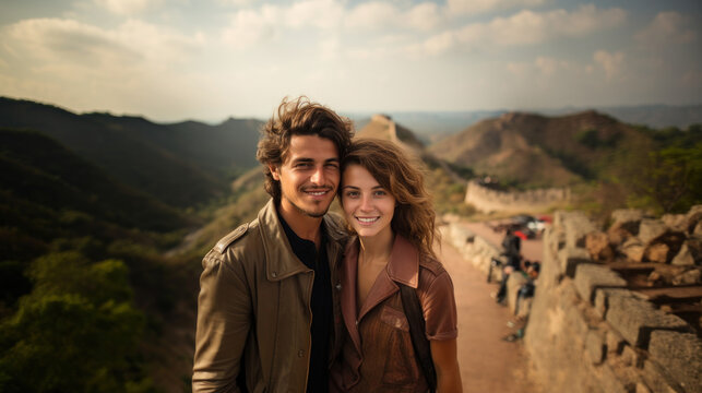 Young couple in love on the background of the Great Wall of China. Generative AI.