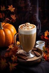 A cup of pumpkin spice latte coffee with whipped cream and cinnamon. Generative AI.