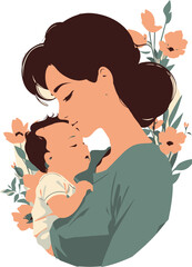 Mother Kissing Her Baby Vector Illustration, suitable for various projects related to motherhood, parenting, family, and love and that celebrates the bond between mothers and babies.