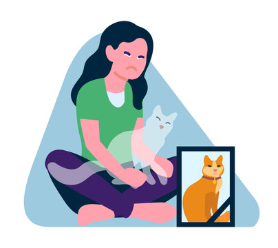 Woman is crying because she misses her dead cat. Girl mourning kitty. Pet owners despair and sadness. Memorial photo picture for deceased domestic animal. Ghost kitten. Vector concept