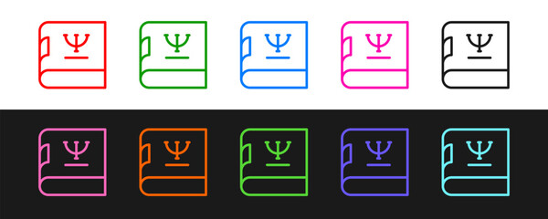 Set line Psychology book icon isolated on black and white background. Psi symbol. Mental health concept, psychoanalysis analysis and psychotherapy. Vector
