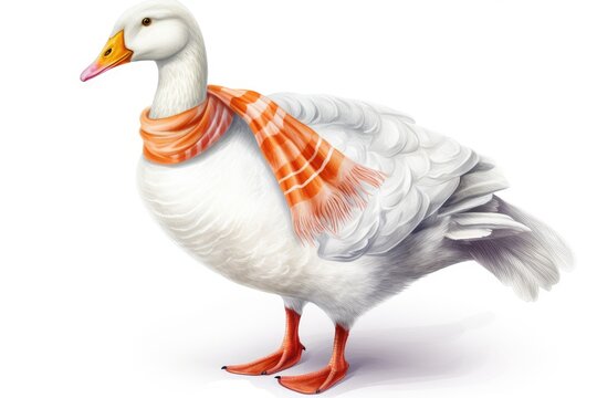 Illustration of a beautiful goose with a scarf on a white background.