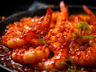 Szechuan Shrimp, revealing the shiny texture of the sauce, the garnish, and the crispy shrimp