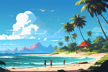 Obraz na płótnie Canvas tropical beach scene with many palm trees cartoon illustration