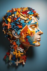 A woman's head made out of puzzle pieces. Generative AI. Visualization of gender spectrum