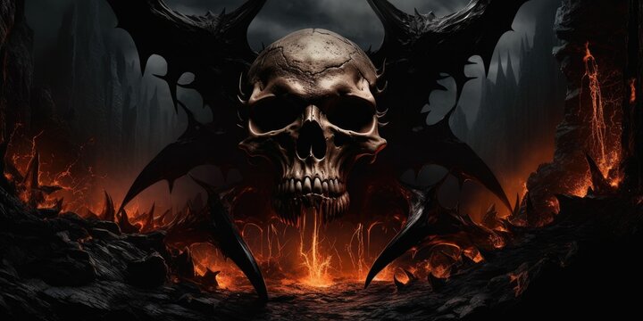 Terrifying giant skeleton skull gateway to demonic lord of hatred in hell, fire and lava landscape of destruction - only death of souls awaits in this evil underworld - generative AI