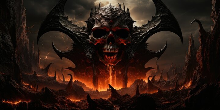 Terrifying giant skeleton skull gateway to demonic lord of hatred in hell, fire and lava landscape of destruction - only death of souls awaits in this evil underworld - generative AI