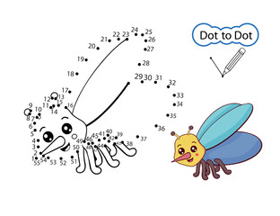 Education dot to dot game. Kids activity riddle worksheet with cartoon mosquito. Finish drawing image of cute insect. Vector illustration.