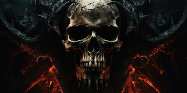 Terrifying giant skeleton skull gateway to demonic lord of hatred in hell, fire and lava landscape of destruction - only death of souls awaits in this evil underworld - generative AI