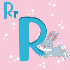 R for Rabbit alphabet letter R, ABC TO Z ,Colorful animal English  alphabet letter R with a rabbit. kids-books, study material - pre -school knowledge new thinking  rabbit  with blue letters.