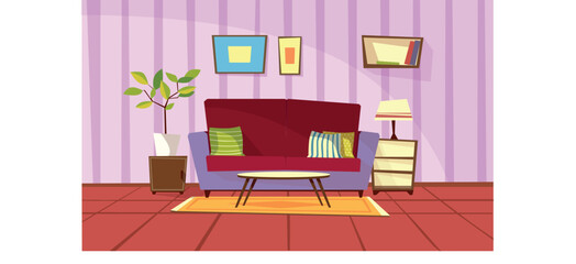Living room with furniture. Cozy interior with sofa in living room. Flat style vector illustration.
