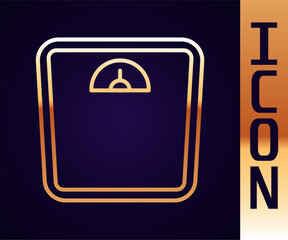 Obraz premium Gold line Bathroom scales icon isolated on black background. Weight measure Equipment. Weight Scale fitness sport concept. Vector