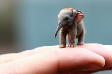tiny small elephant sitting on a finger tip, ai generated - obrazy, fototapety, plakaty