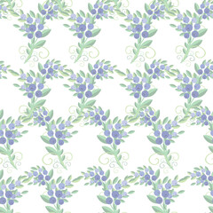 Fototapeta premium Plant with green leaves and blueberry fruits pastel colored flat design seamless pattern stock vector illustration for web, for print
