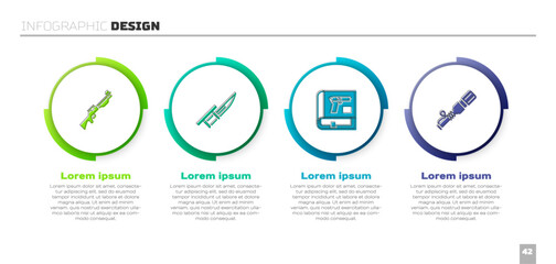 Set Hunting gun, Bayonet on rifle, Book with pistol or and Anti-tank hand grenade. Business infographic template. Vector