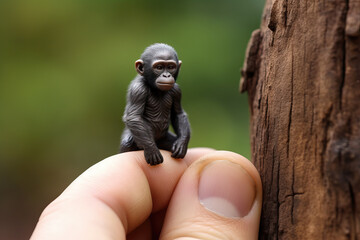 Obraz premium tiny small monkey sitting on a finger tip, ai generated