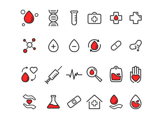 Set of medical icons showing medical and laboratory research, hypodermic injections, cardiology, blood circulation, DNA and diagrams, vector line drawings