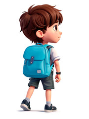Cute boy with backpack walking to the school isolated on white background. back to school concept. 3D AI generated illustration