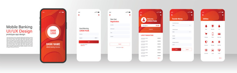 Mobile banking app smartphone UI UX design vector templates set. Financial services online web page design layout. Pack of UI, UX, GUI interface for application. Phone display. - obrazy, fototapety, plakaty