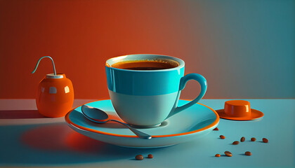 Cup of coffee over a table in a light blue and orange composition Ai generated image