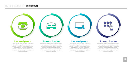 Set Telephone handset, Hotel room bed, Smart Tv and Stars rating. Business infographic template. Vector