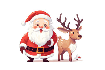 Fototapeta na wymiar cute santa claus smiling and reindeer, white isolated background,cartoon style PNG