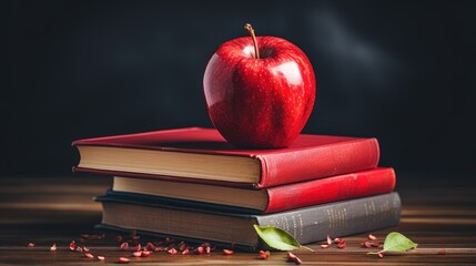 shiny red apple sitting on top of a pile of books 