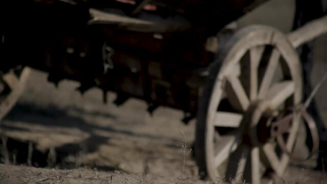 A boy rides in a wooden cart pulled by a horse